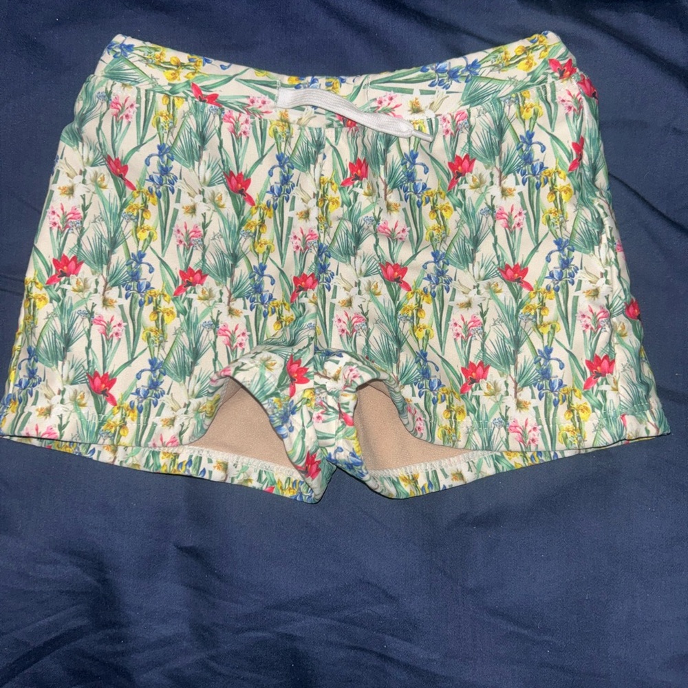 Kortni Jeane Kids Swim Trunks - White with Green, Red, Yellow, Blue Floral Print